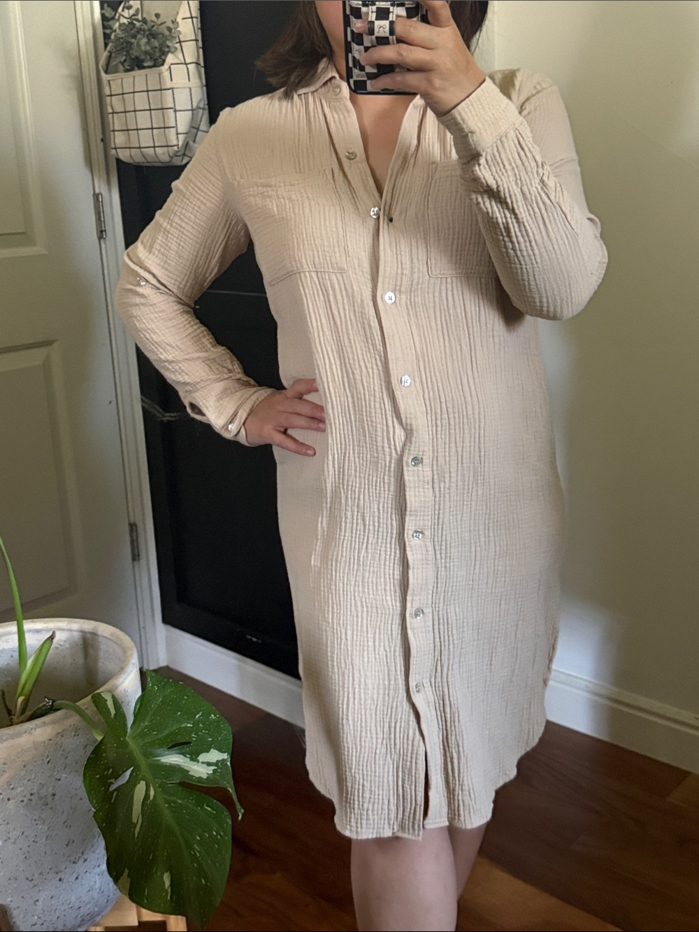 Magaschoni Gauze 100% organic Cotton Taupe  Shirt Dress. Size XS run big